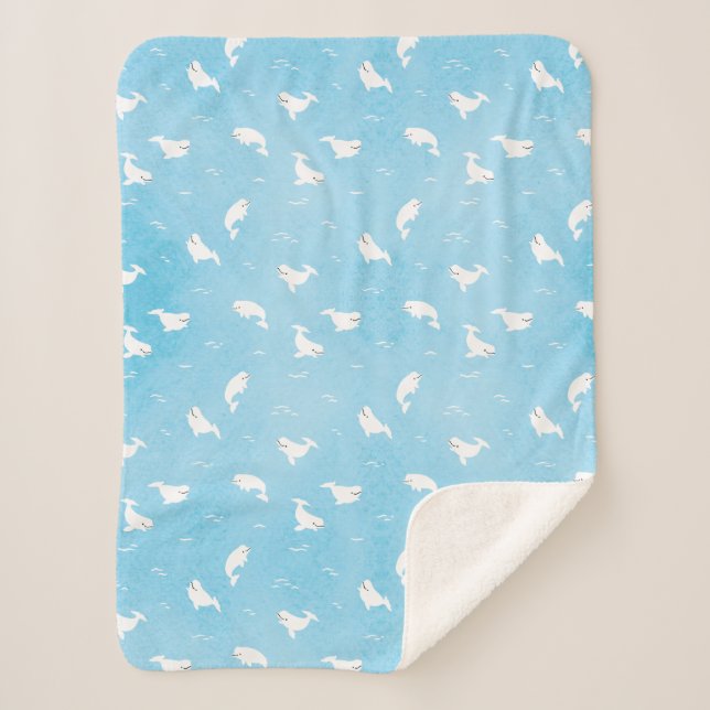 Couverture Sherpa Motif de baleines béluga dans le bleu océanique (Devant)