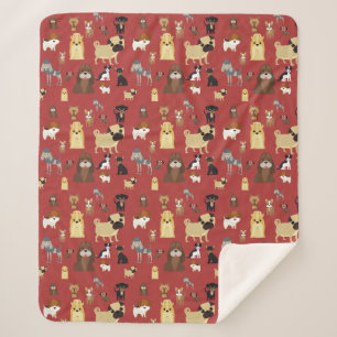 Couverture Sherpa motif de chiens arrière - plans rouges.