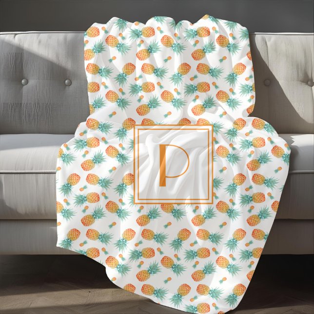 Couverture Sherpa Motif de fruit ananas monogramme moderne  (Modern Monogram Pineapple Fruit Pattern Sherpa Blanket)