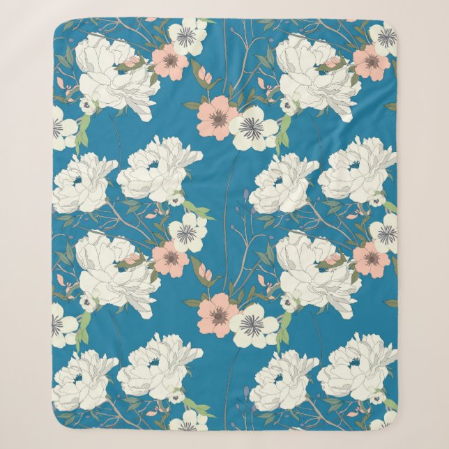 Couverture Sherpa Motif de jardin floral blanc (Devant)