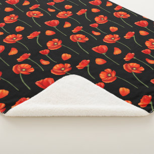 Couverture Sherpa motif de pavot noir