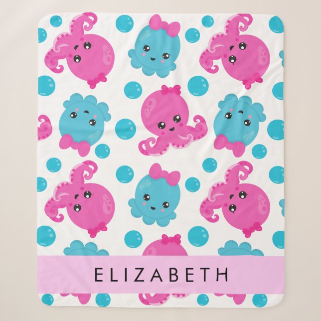 Couverture Sherpa Motif de pieuvre, Pieuvre mignonne, Mer, Votre Nom (Devant)
