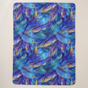 Couverture Sherpa Motif de plumes d'or bleu cobalt
