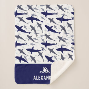 Couverture Sherpa Motif de requin bleu et blanc avec nom Boy