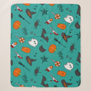 Couverture Sherpa Motif de style plat Halloween Turquoise.