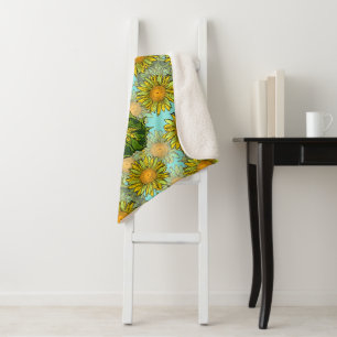 Couverture Sherpa Motif de tournesol jaune avec feuillage et bourgeo