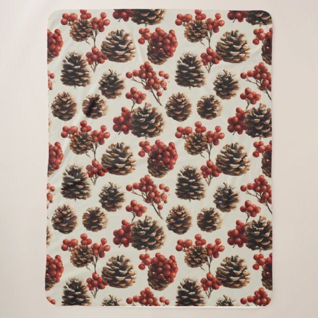 Couverture Sherpa Motif d'hiver des pins et des baies rouges (Devant)