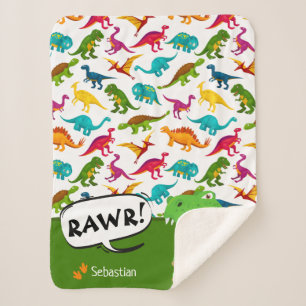 Couverture Sherpa Motif Dinosaure coloré avec le nom T-Rex Green