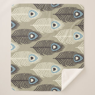 Couverture Sherpa Motif en plumes de paon, style vintage.