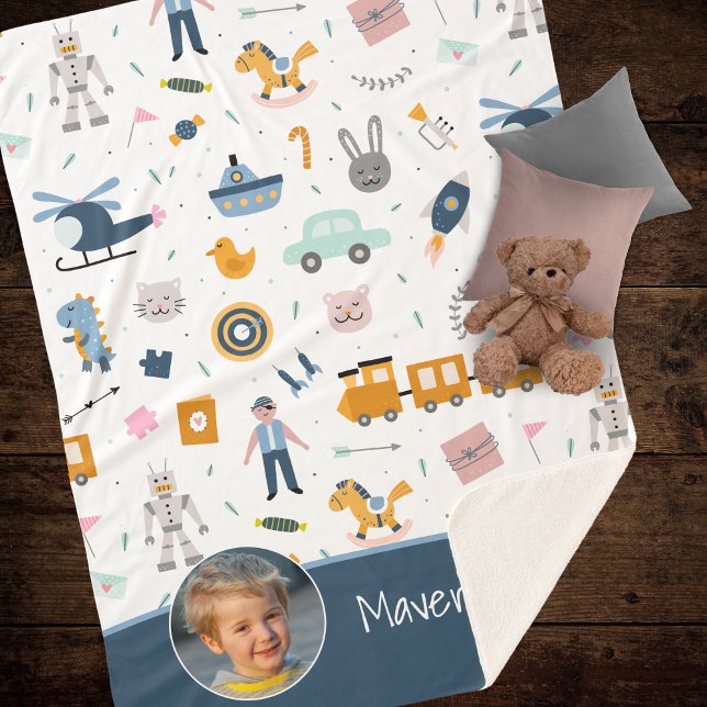 Couverture Sherpa Motif enfant mignon Photo et nom Boy Blue (Add a photo and name to this adorable Sherpa blanket pattern for little boys!)