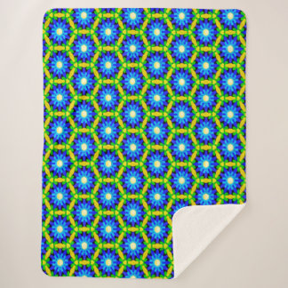 Couverture Sherpa Motif Fleurs Crochet bleu et jaune