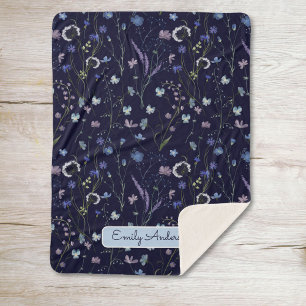 Couverture Sherpa Motif floral de fleurs sauvages jolies bleu violet