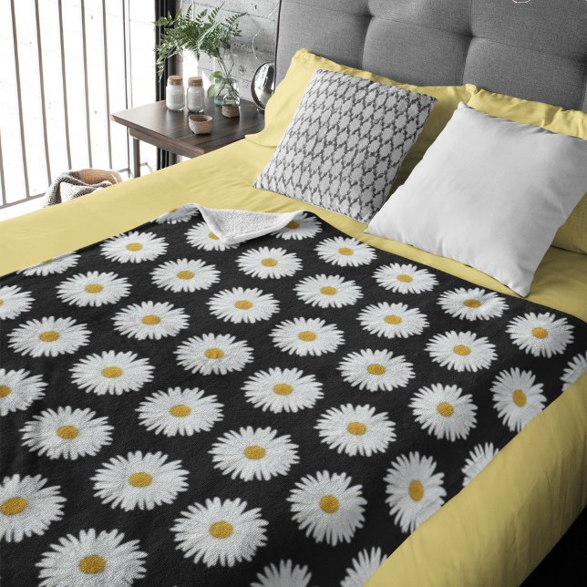 Couverture Sherpa Motif floral marguerrier blanc sur noir (In Situ Bed)