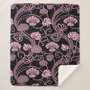 Couverture Sherpa Motif floral rétro rose sur noir