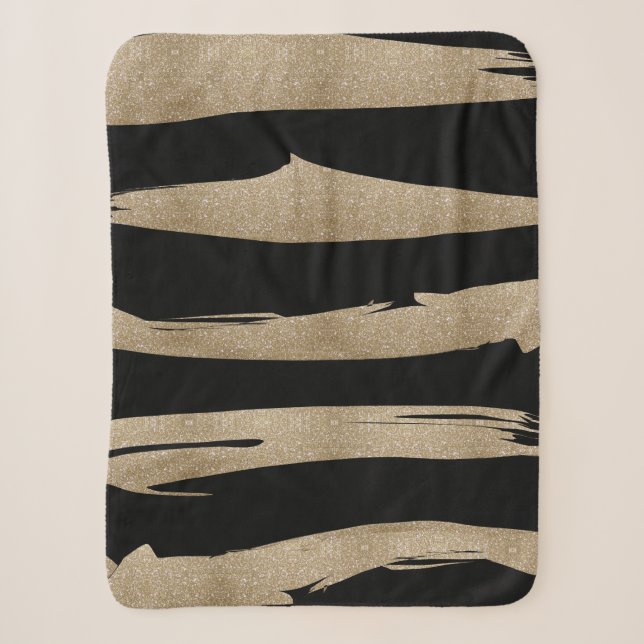 Couverture Sherpa motif géométrique preppy bandes noir et or (Devant)