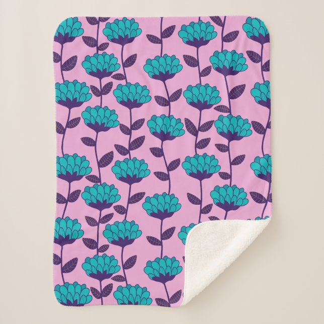 Couverture Sherpa Motif moderne de fleurs bleu rose (Devant)