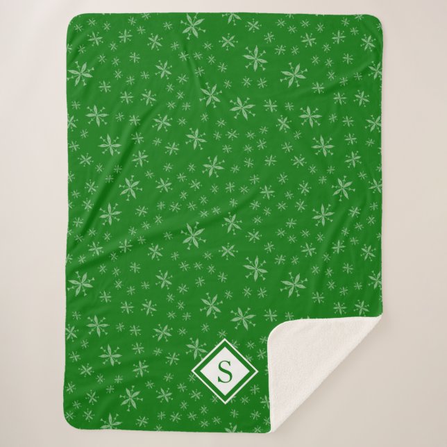 Couverture Sherpa Motif moderne Snowflake sur Green Monogramme (Devant)