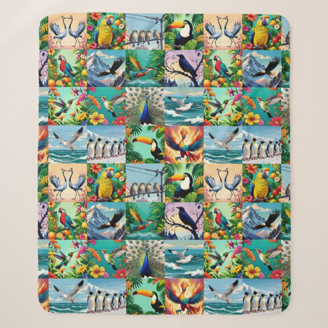 Couverture Sherpa Motif Patchwork Oiseaux  (Devant)