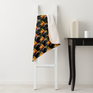 Couverture Sherpa Motif Plante Orange Bird of Paradise sur Noir