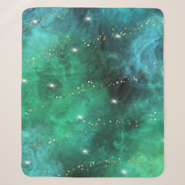 Couverture Sherpa Motif tendance Green Blue Turquoise Gold Galaxy (Devant)