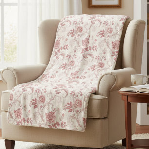 Couverture Sherpa Motif Toile De Jouy Rose Poussiéreuse Vintage