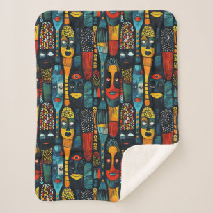 Couverture Sherpa Motif tribal africain avec idoles.