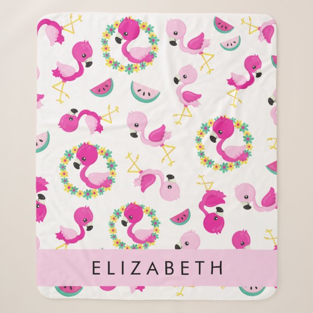Couverture Sherpa Motif tropical, Flamants roses, Fleurs, Votre Nom (Devant)