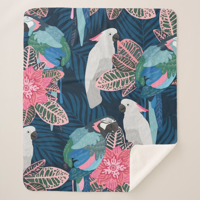 Couverture Sherpa Motif tropical sans couture avec perroquets. Vinta (Devant)