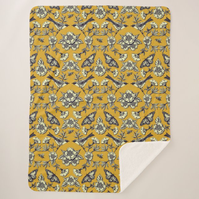 Couverture Sherpa Moutarde Jaune et Oiseaux de la Marine, Papillons  (Devant)