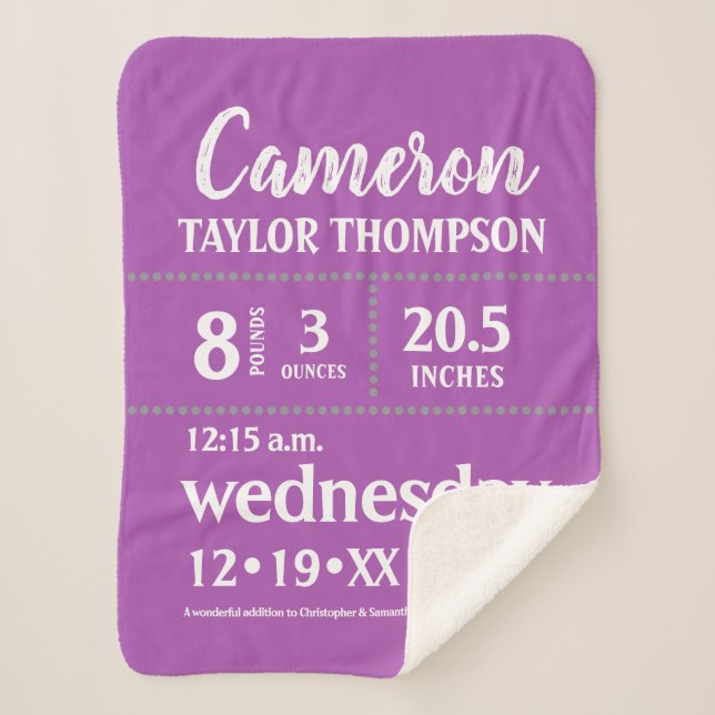 Couverture Sherpa Naissance moderne de bébé pourpre Stat Nursery (Devant)
