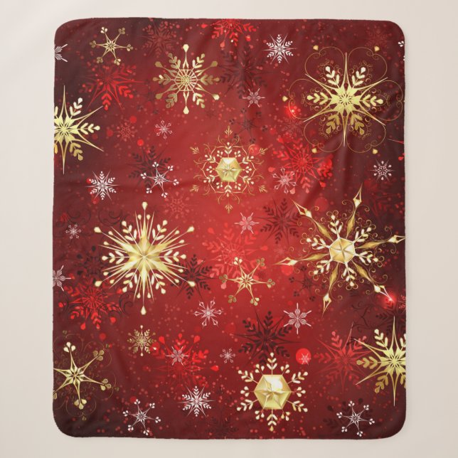 Couverture Sherpa Noël Golden Snowflakes sur Arrière - plan rouge (Devant)