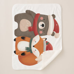 Couverture Sherpa Noël/hiver Mignonne Ours et renard