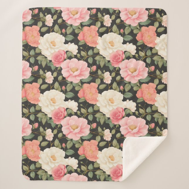 Couverture Sherpa Noir Blossom Chaleur Élégant Style Rose Dessiné À  (Devant)