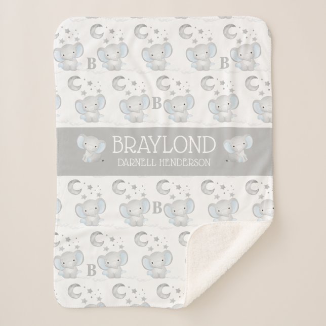 Couverture Sherpa Nom de bébé éléphant garçon bleu et gris (Devant)