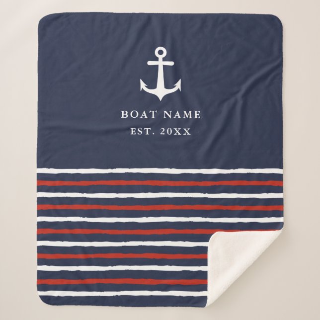 Couverture Sherpa Nom du bateau nautique Ancres Rayures Marine Blue  (Devant)