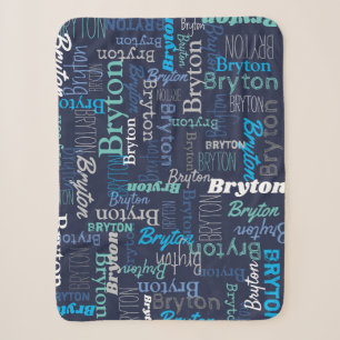 Couverture Sherpa Nom personnalisé bleu cyan aqua imprimé partout