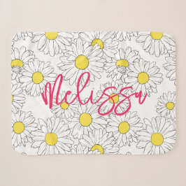 Couverture Sherpa nom personnalisé jaune marguerite motif moderne