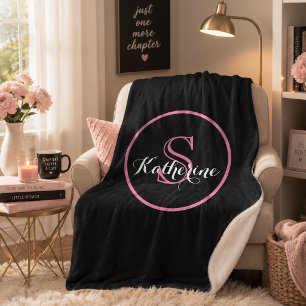 Couverture Sherpa Nom personnalisé Monogramme Noir Rose