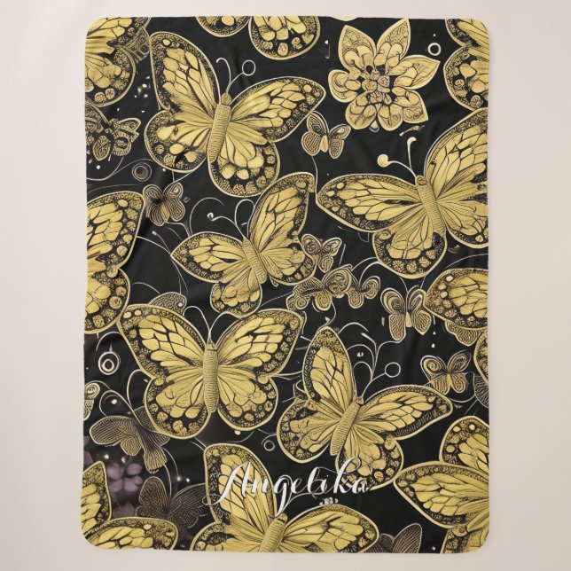 Couverture Sherpa Nom personnalisé Papillons noir et or (Devant)