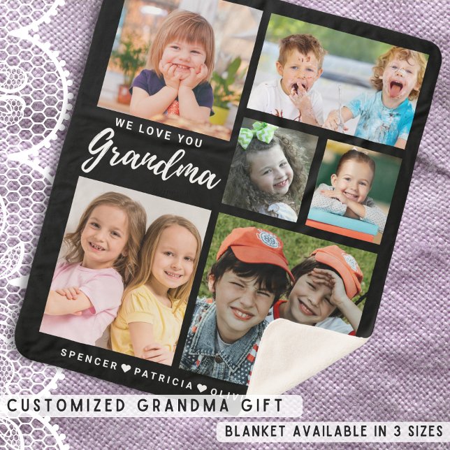 Couverture Sherpa Nous vous aimons Grand-mère Petits-enfants 6 Photo (We Love You Grandma Grandkids 6 Photo Collage Sherpa Blanket-Grandma Gift)