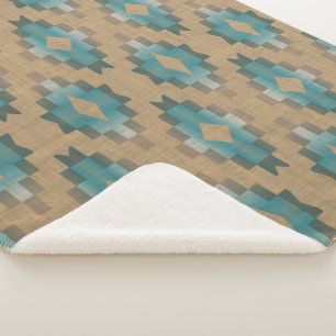 Couverture Sherpa Ochre Brown Taupe Turquoise Blue Tribal Art Motif