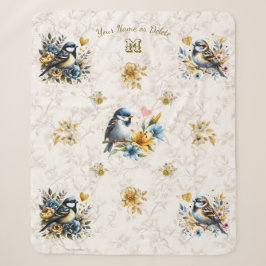 Couverture Sherpa Oiseaux bleus personnalisés et fleurs d'or
