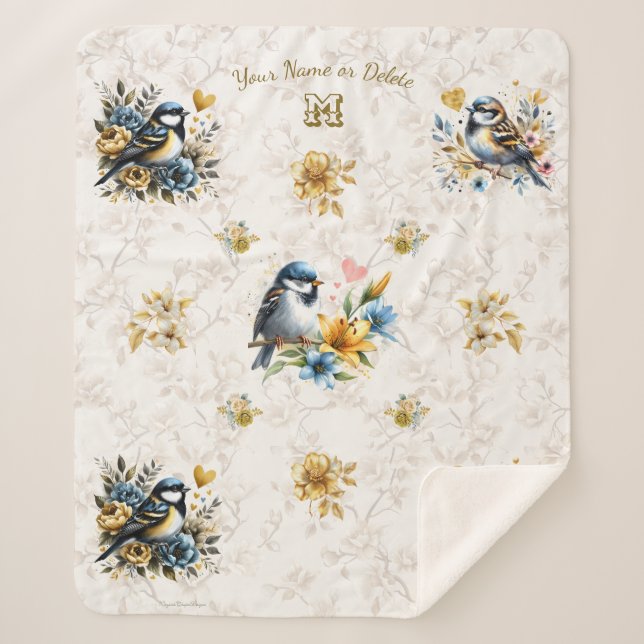Couverture Sherpa Oiseaux bleus personnalisés et fleurs d'or (Devant)