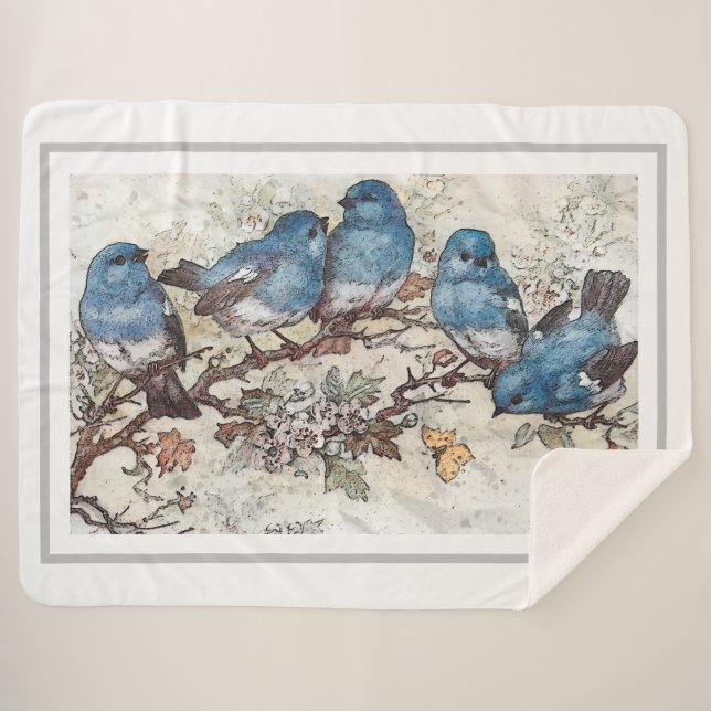 Couverture Sherpa Oiseaux bleus vintages (Devant (Horizontal))