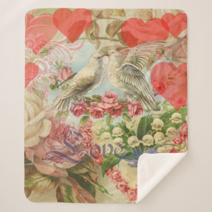 Couverture Sherpa Oiseaux de l'amour Vintage Antique Cœur