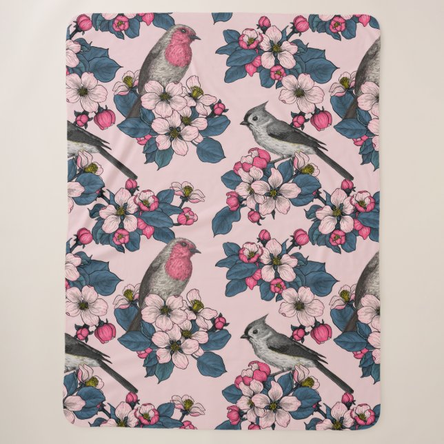 Couverture Sherpa Oiseaux et fleurs roses (Devant)
