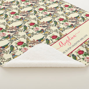 Couverture Sherpa Oiseaux victoriens et crème Vintage Rose Rouge