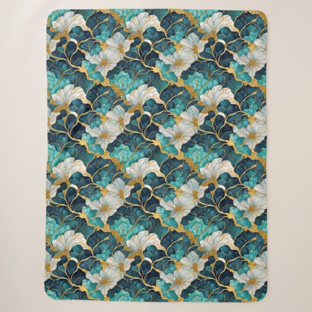 Couverture Sherpa Or Turquoise floral japonais (Devant)