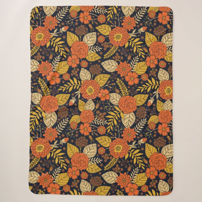 Couverture Sherpa Orange rétro, Jaune & Marine Floral  (Devant)