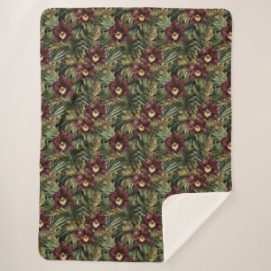 Couverture Sherpa Orchidée tropicale florale rouge Bourgogne